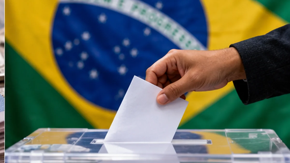 Ilustración generada con IA de una persona depositando su voto en una urna electoral en Brasil