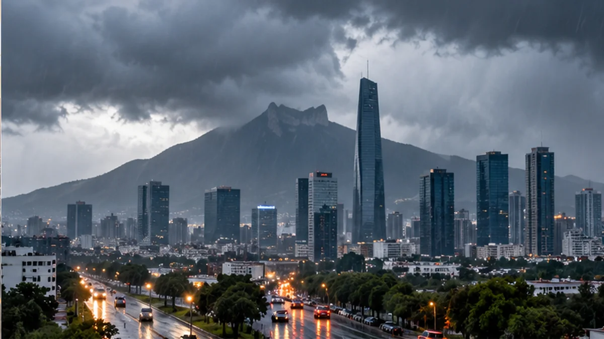Ilustración generada con IA de lluvia sobre la zona metropolitana de Monterrey