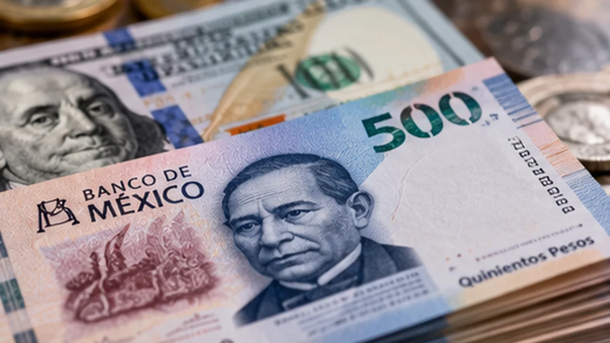 Ilustración generada con IA de billetes de pesos mexicanos y dólares estadounidenses